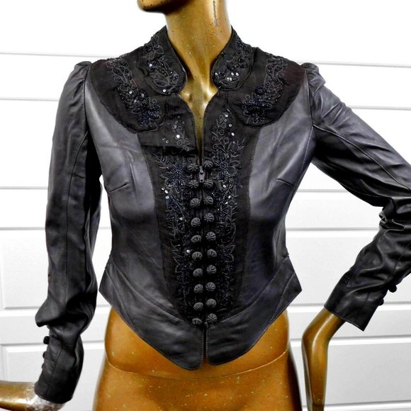 New Jon $968rt Brown‎ Leather Beaded Sequin Jacket sz 6 - Picture 1 of 5